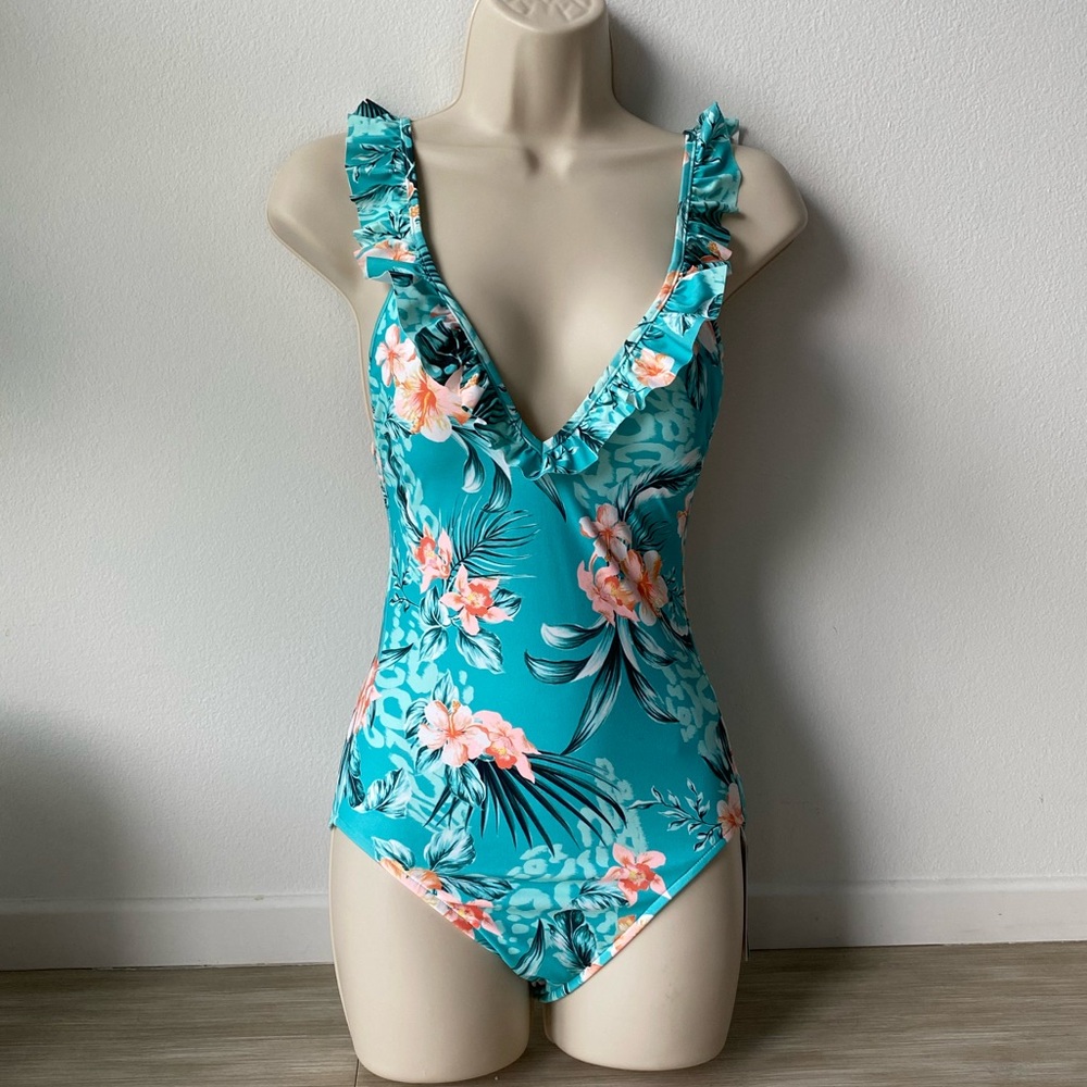 Seafolly Turquoise Floral Ruffle One-Piece Swimsuit